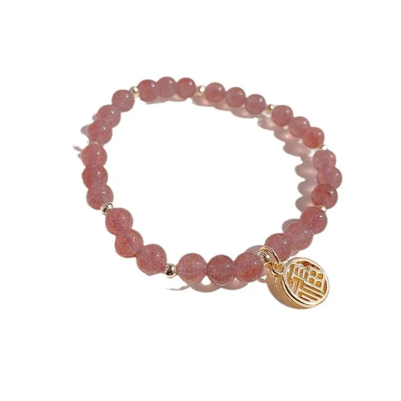 Strawberry quartz glass bead blessing card bracelet for women, New Chinese style, universal wrist size, manual crafted