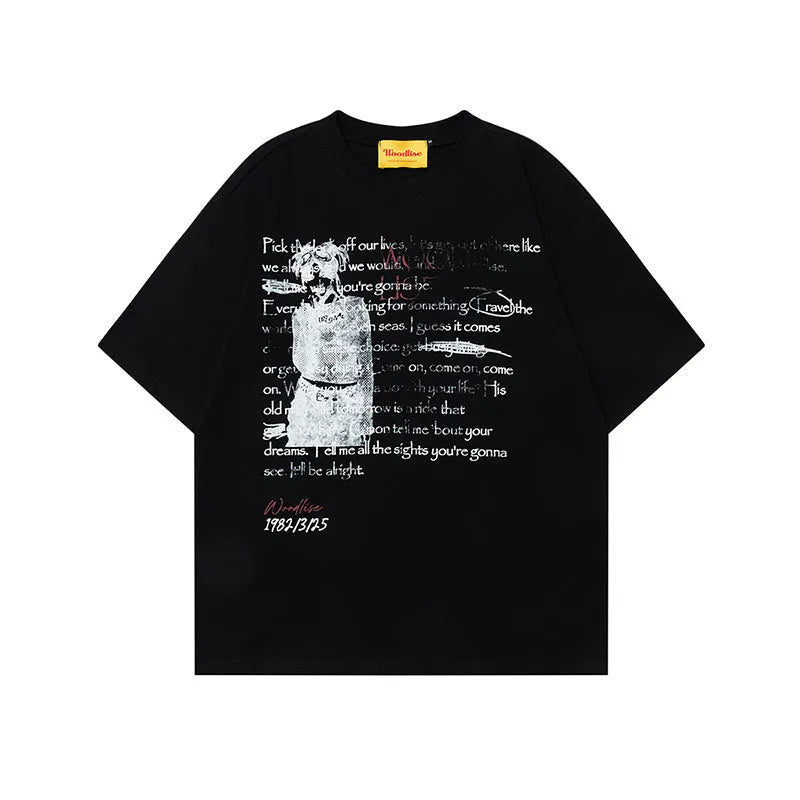 Men's black pure cotton t-shirt with white retro letter print and loose fit short sleeves