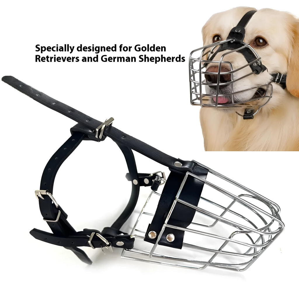 Black metal wire basket muzzle for Golden Retriever and German Shepherd dogs
