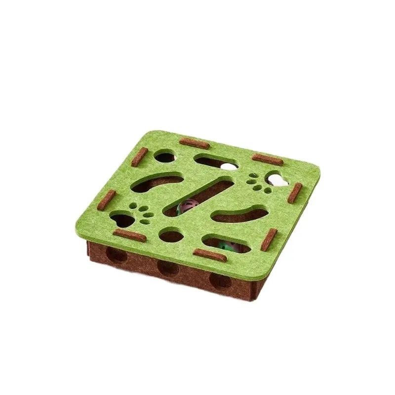 Wool felt cat scratching box toy in green brown colour, showing hollow square shape