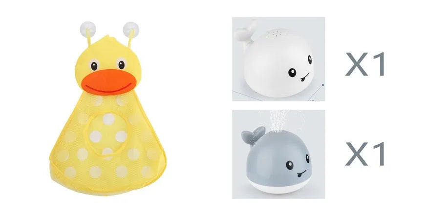 Electric whale bath toy with automatic water spray and flashing lights on a base