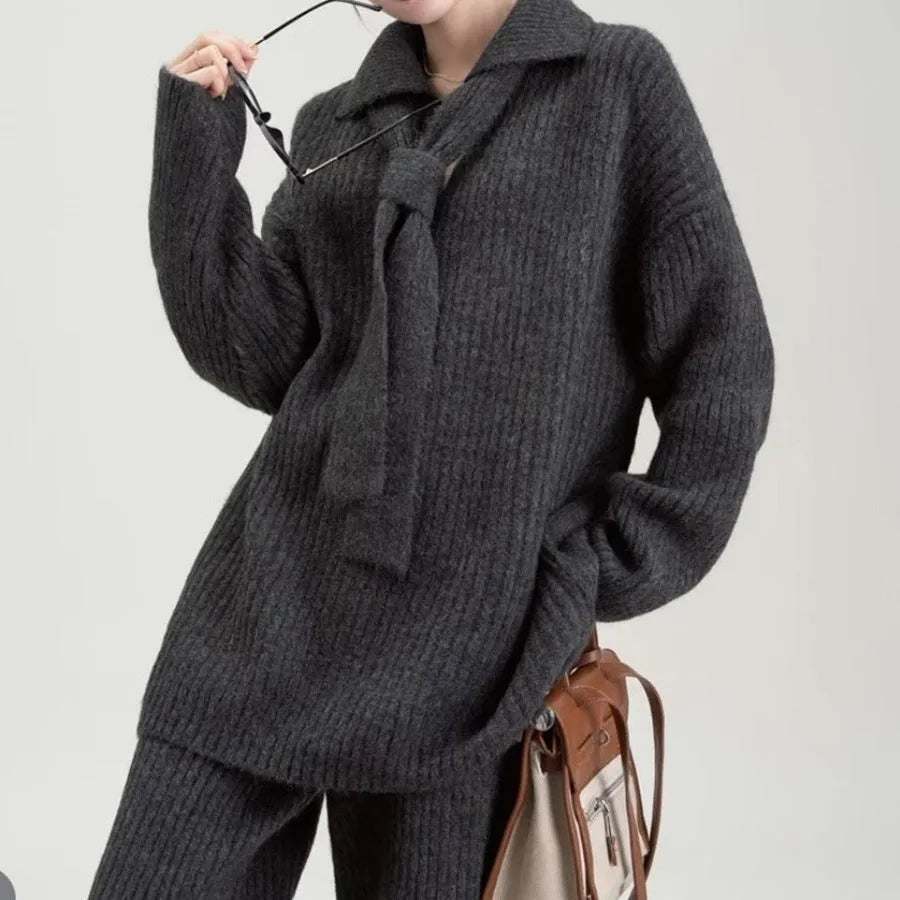 Imitation cashmere sweater suit two-piece set in four colours with long sleeves and trousers