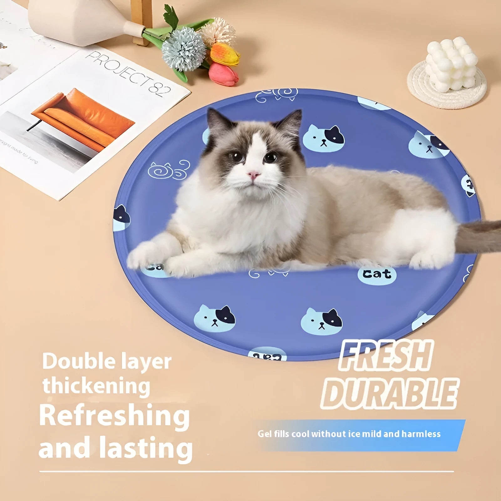 Round pet cooling mat with cartoon design options in beige, blue and white colour schemes