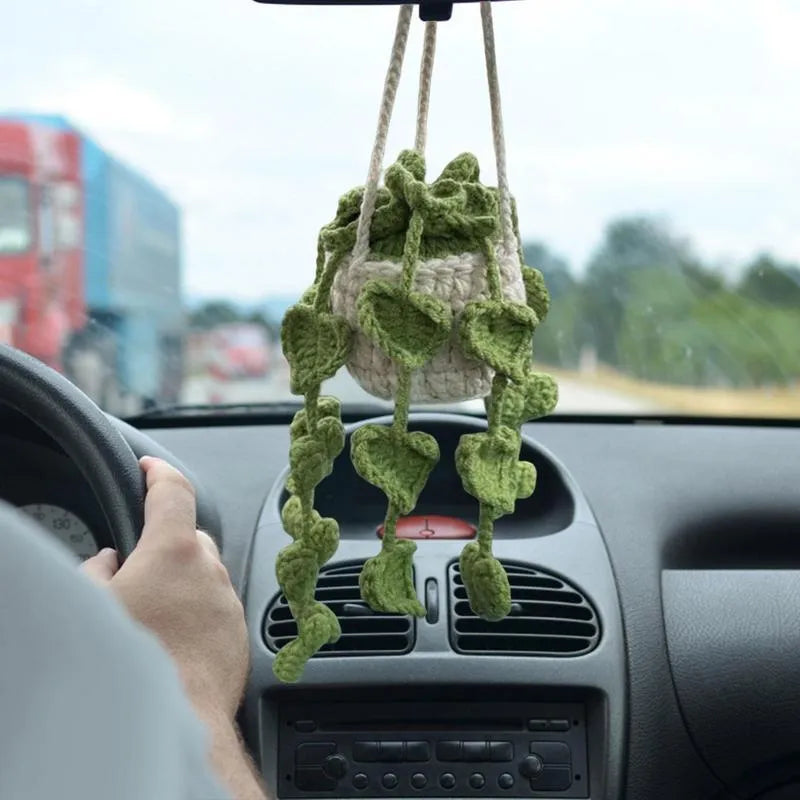 Green and white knitted wool car plant decoration with 8cm base and 25cm rope