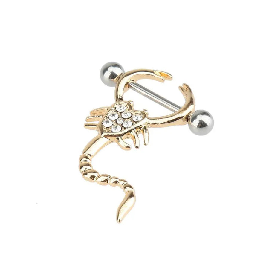 Gold 14g scorpion body piercing jewellery with crystal diamond and 316L steel needle.
