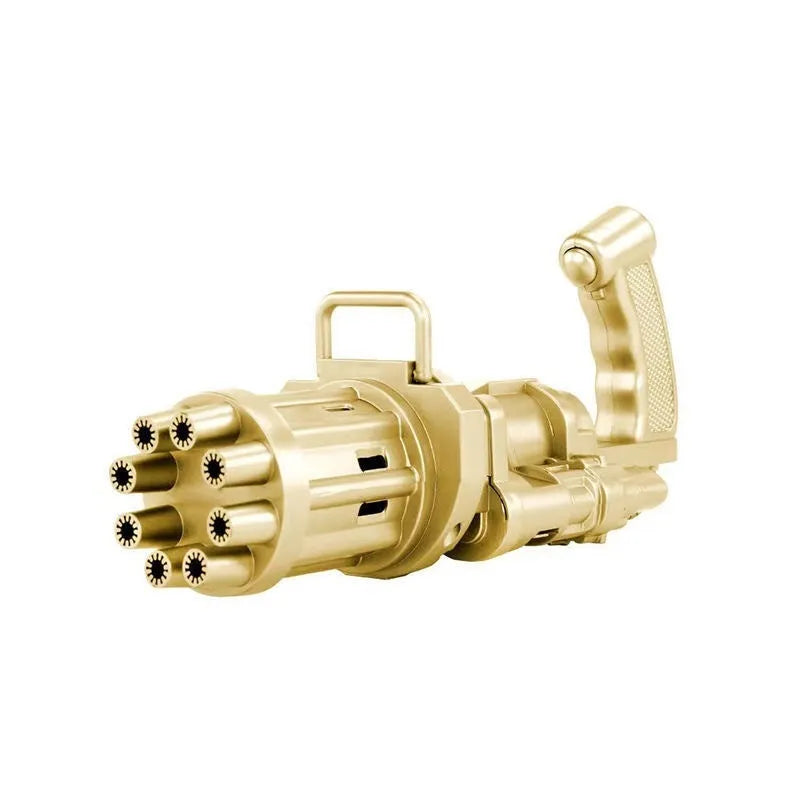 Kids bubble machine gun toy in pink gold black colours with battery compartment and bubble attachment