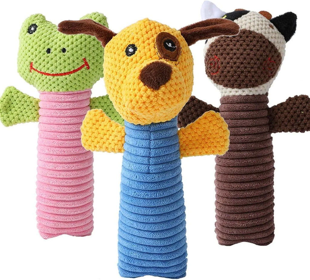 Dog squeaky chew toy shaped like a stuffed animal for dental cleaning and teething.