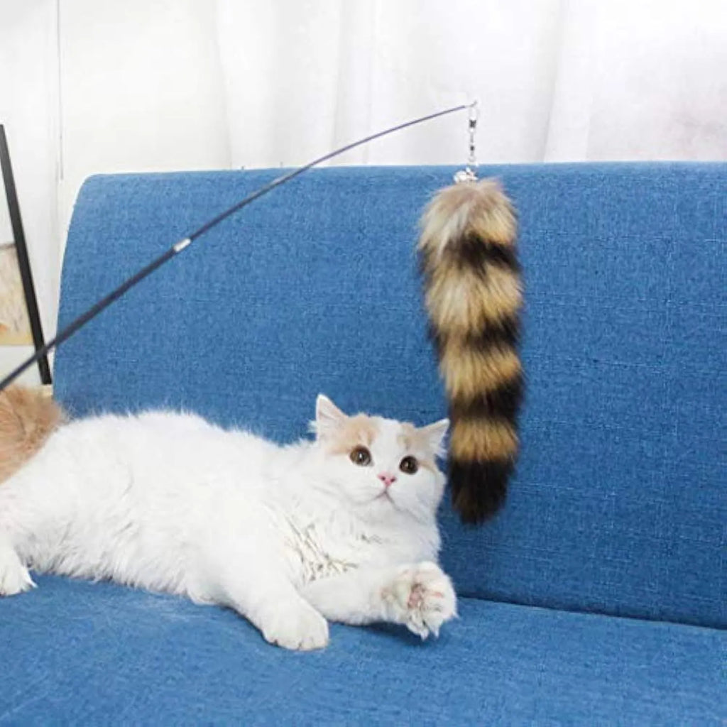 Black cat toy wand teaser with a long handle and elastic string for interactive play.