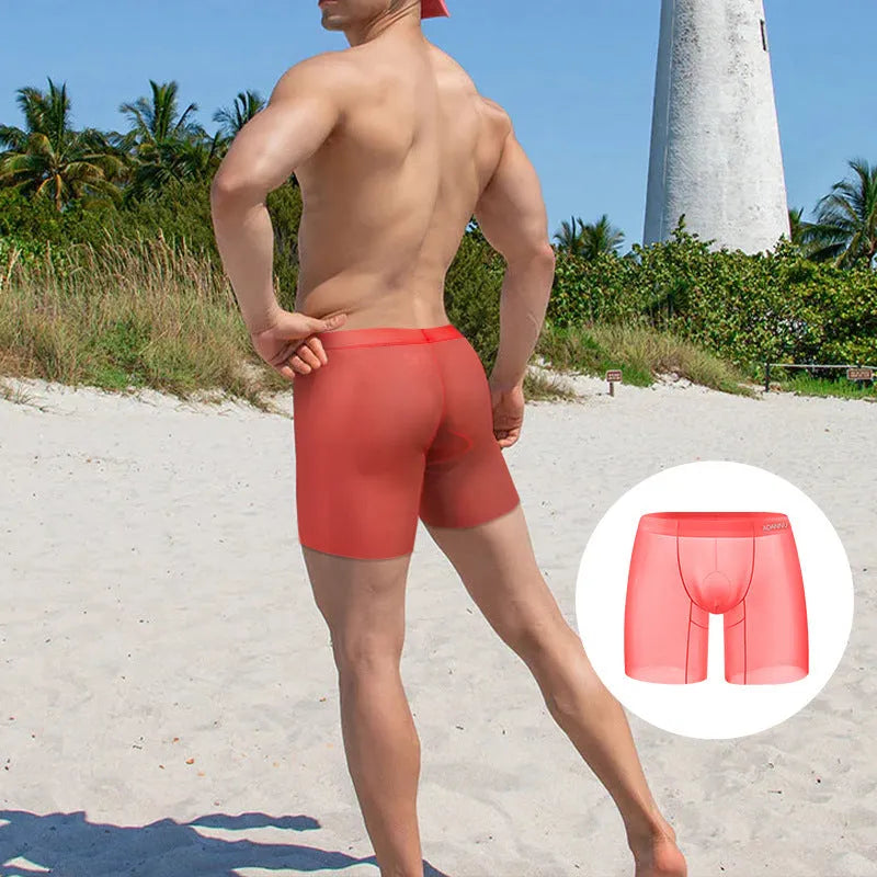Men's ice silk boxers in solid colour with low waist design and nylon fabric