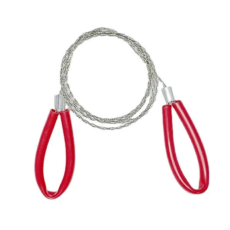 Close-up of a black coiled stainless steel wire survival saw with a total length of 70cm.