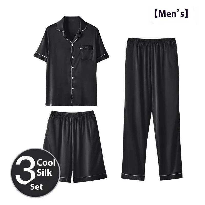 Men's ice silk three-piece homewear set showing thin summer pyjamas with shorts and trousers