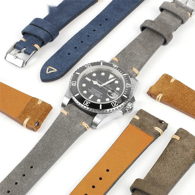 Genuine suede leather watch strap showing small waist design in available colours