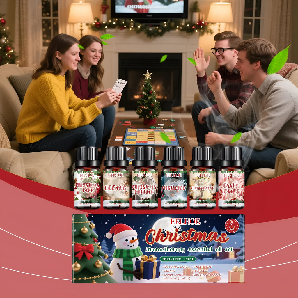 Christmas aromatherapy oil set showing six 60ml bottles and six 10ml bottles for festive home fragrance