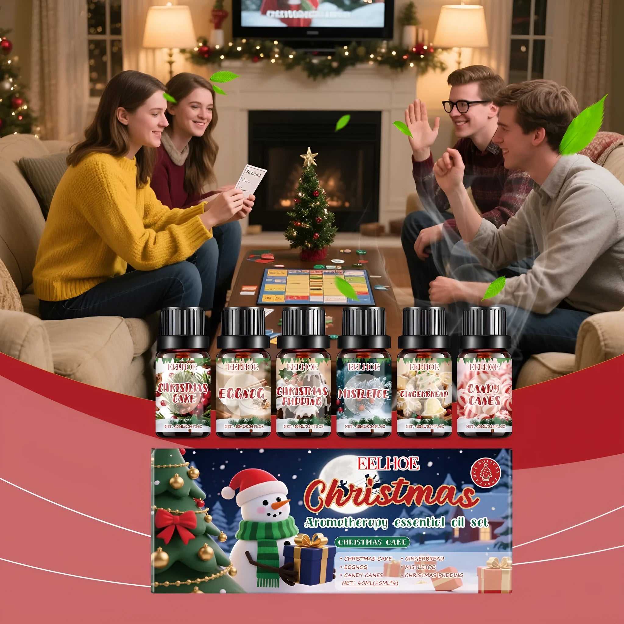 Christmas aromatherapy oil set showing six 60ml bottles and six 10ml bottles for festive home fragrance