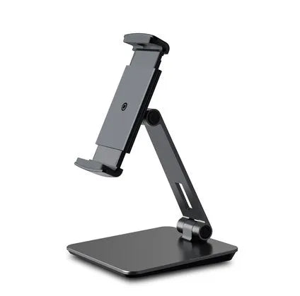 Folding aluminium phone and tablet stand with 360-degree rotation in silver colour
