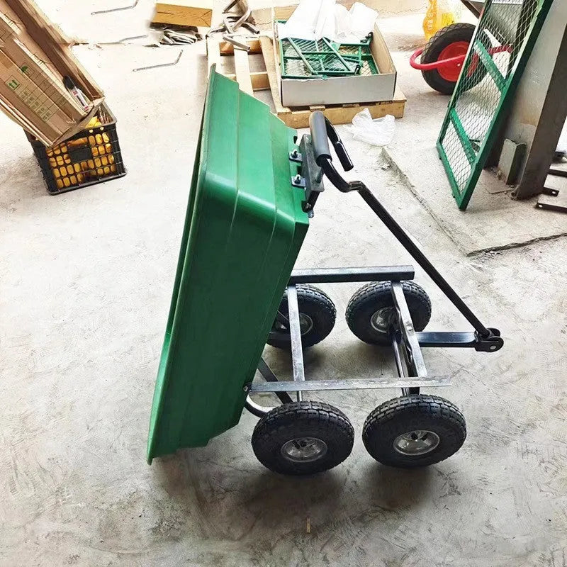 Green four-wheel dumptruck with tipping bed, model TC2145, for garden and farm material transport.