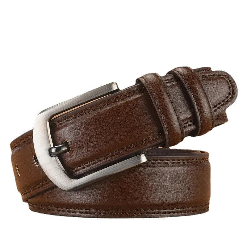 Men's pin buckle cowhide belt in genuine leather with alloy buckle, black colour, 125cm length