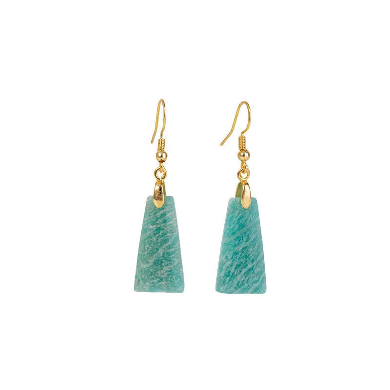 Amazonite rough stone trapezoid earrings with geometric octagon elements in gold and silver colour options