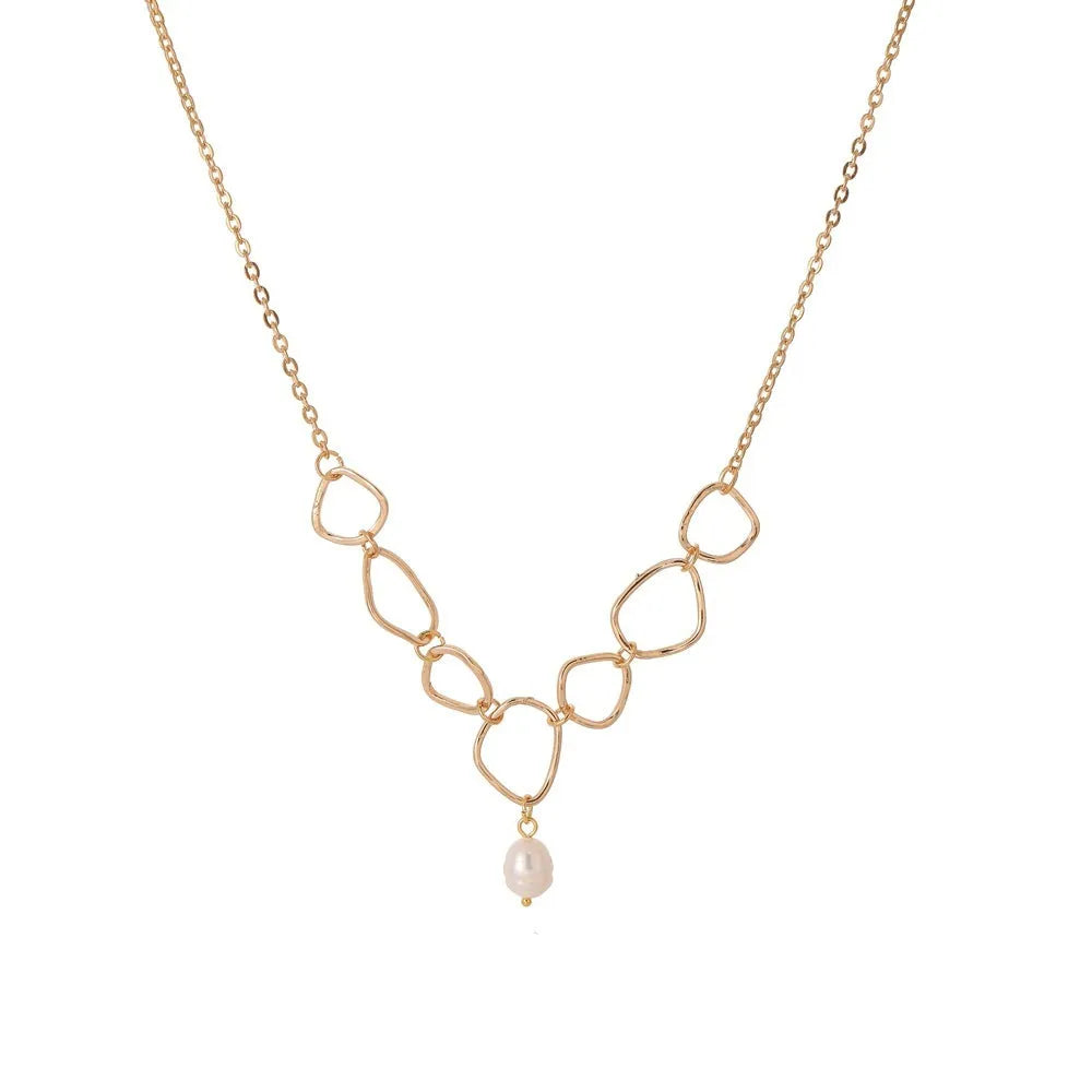 Light luxury asymmetric circle and pearl style alloy necklace for women with electroplated finish