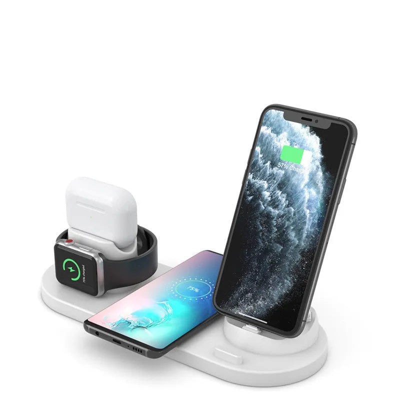 Black 6-in-1 wireless charging station with phone holder charging iPhone, AirPods, and Apple Watch