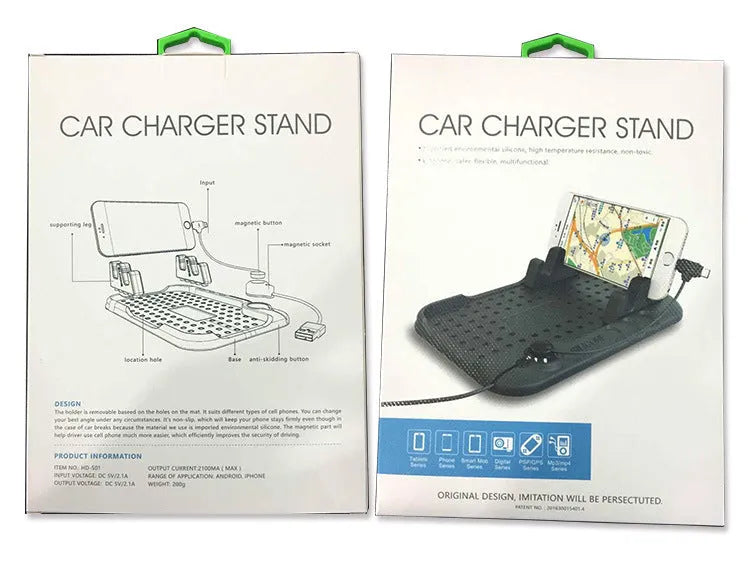Black silicone car charging bracket with magnetic holder and three charging ports on a dashboard