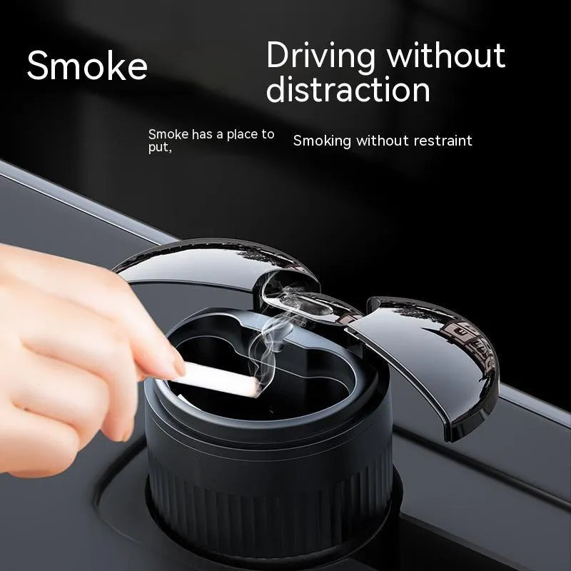 Smart infrared and touch control metal car ashtray in black, 113mm by 72mm, with lid closed