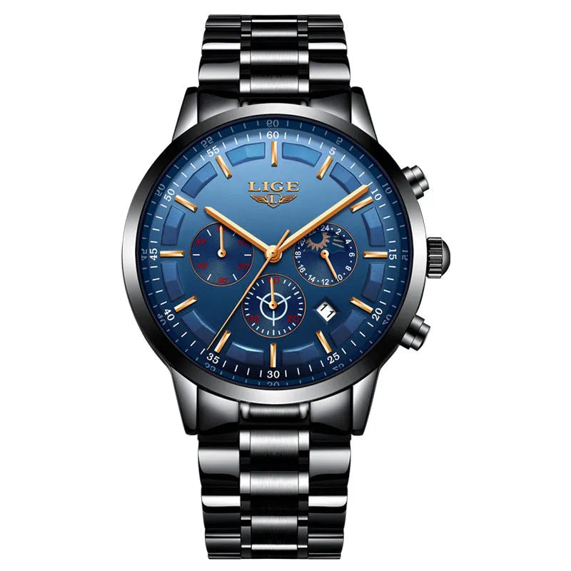 Men's waterproof moon quartz sports watch 12mm thickness black and rose red gold face