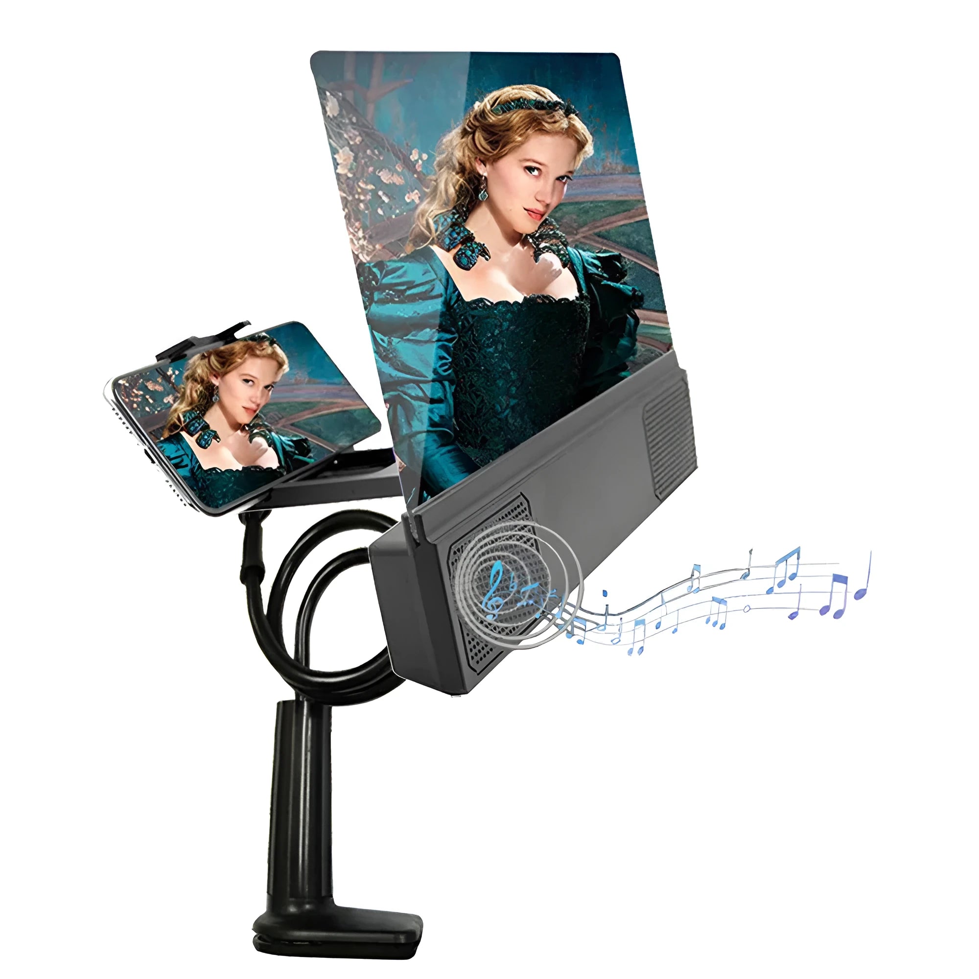 12-inch mobile phone screen amplifier with flexible gooseneck stand and speaker on a table