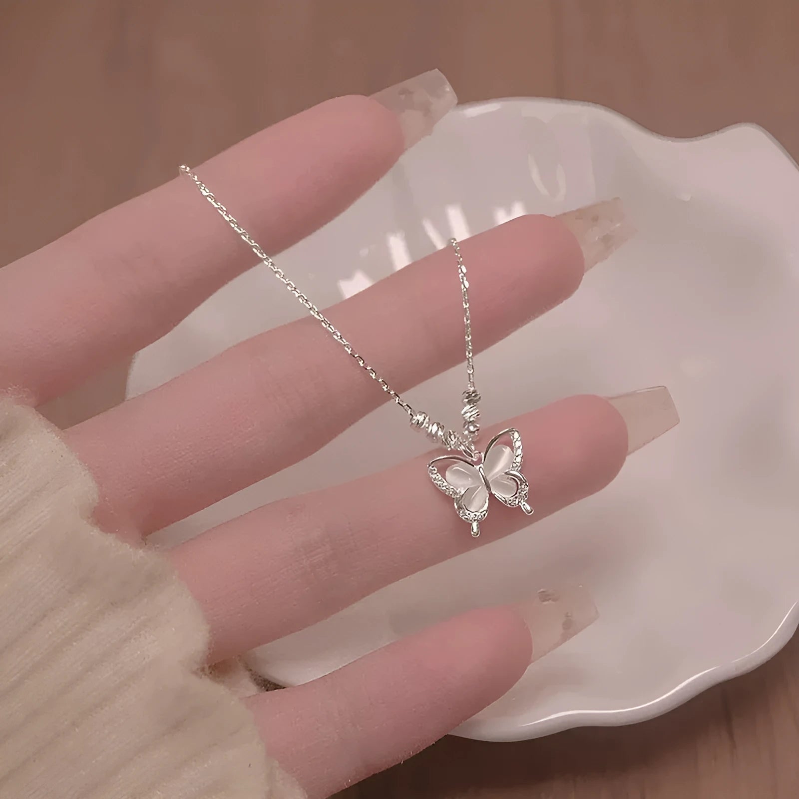 Women's square line opal butterfly necklace in silver with adjustable cross chain