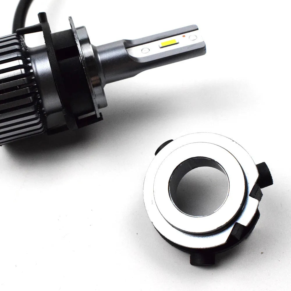 White ABS plastic car LED headlight bulb holder bracket, 3.8 by 3.7 cm.