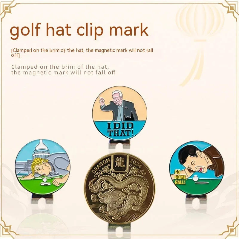 Zinc alloy golf hat clip showing engraved Dragon Year and other personalised pattern designs.