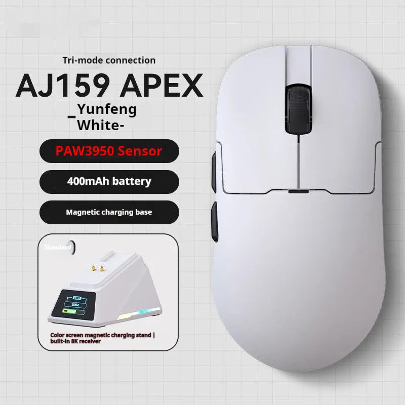 White gaming mouse showing three connection modes with compact ergonomic design