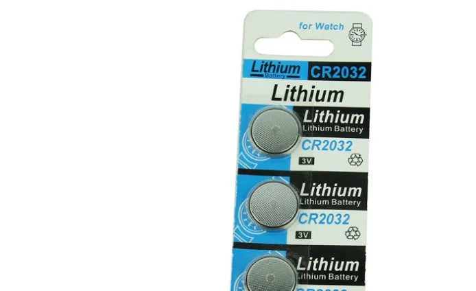 CR2032 3 volt lithium button battery cell shown on a card, 20mm diameter.
