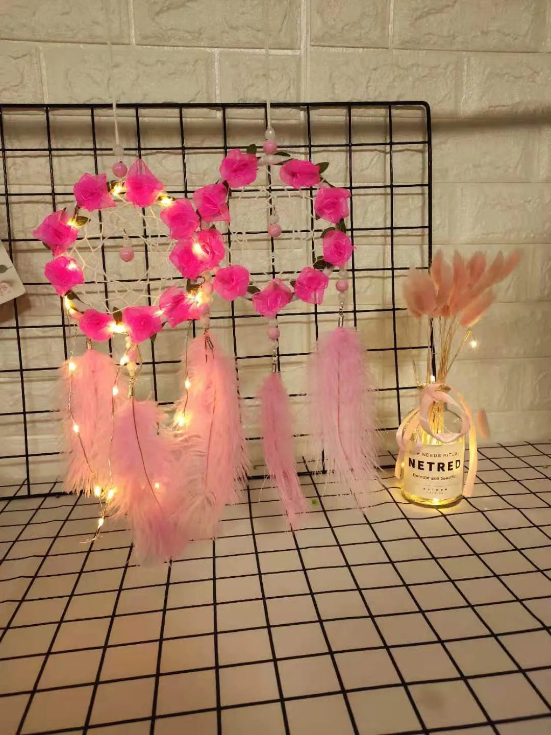 Pink ostrich feather dreamcatcher wind chime wall ornament 10cm