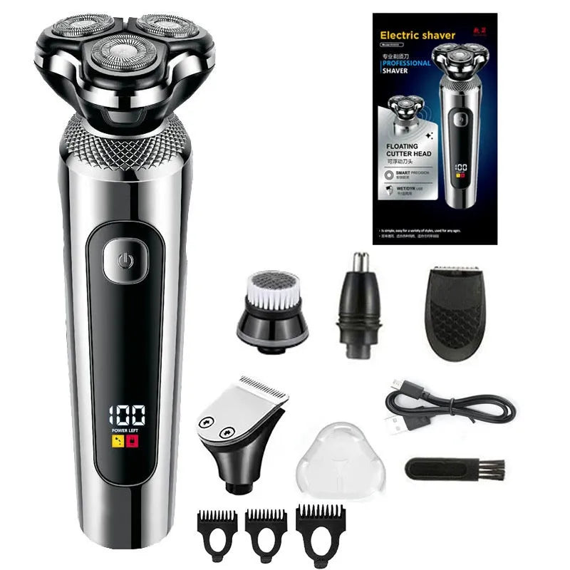 Digital USB rechargeable beard shaver with LED display and five-in-one floating cutter head design