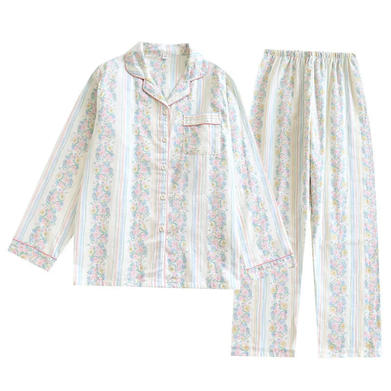 Ladies' cotton double-layer gauze long-sleeved top and trousers homewear set in a colour stripes pattern.