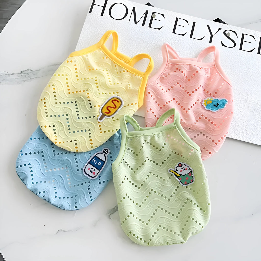 Light blue breathable mesh dog vest with an adjustable strap on a mannequin.