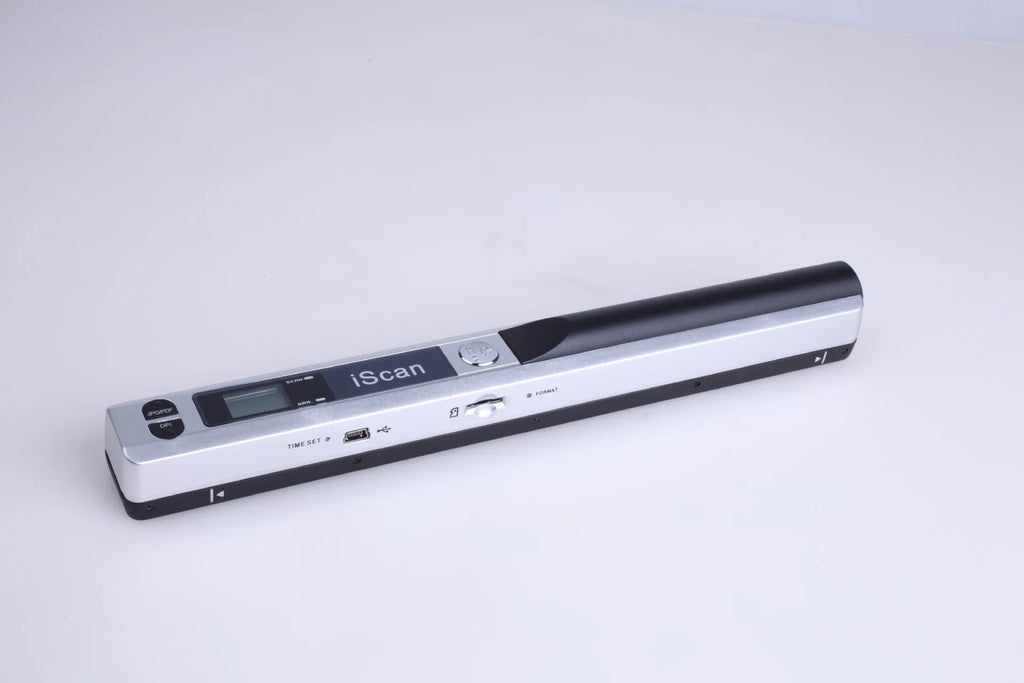 Handheld plastic scanner shown in available colours: black, blue, green, red, and silver.