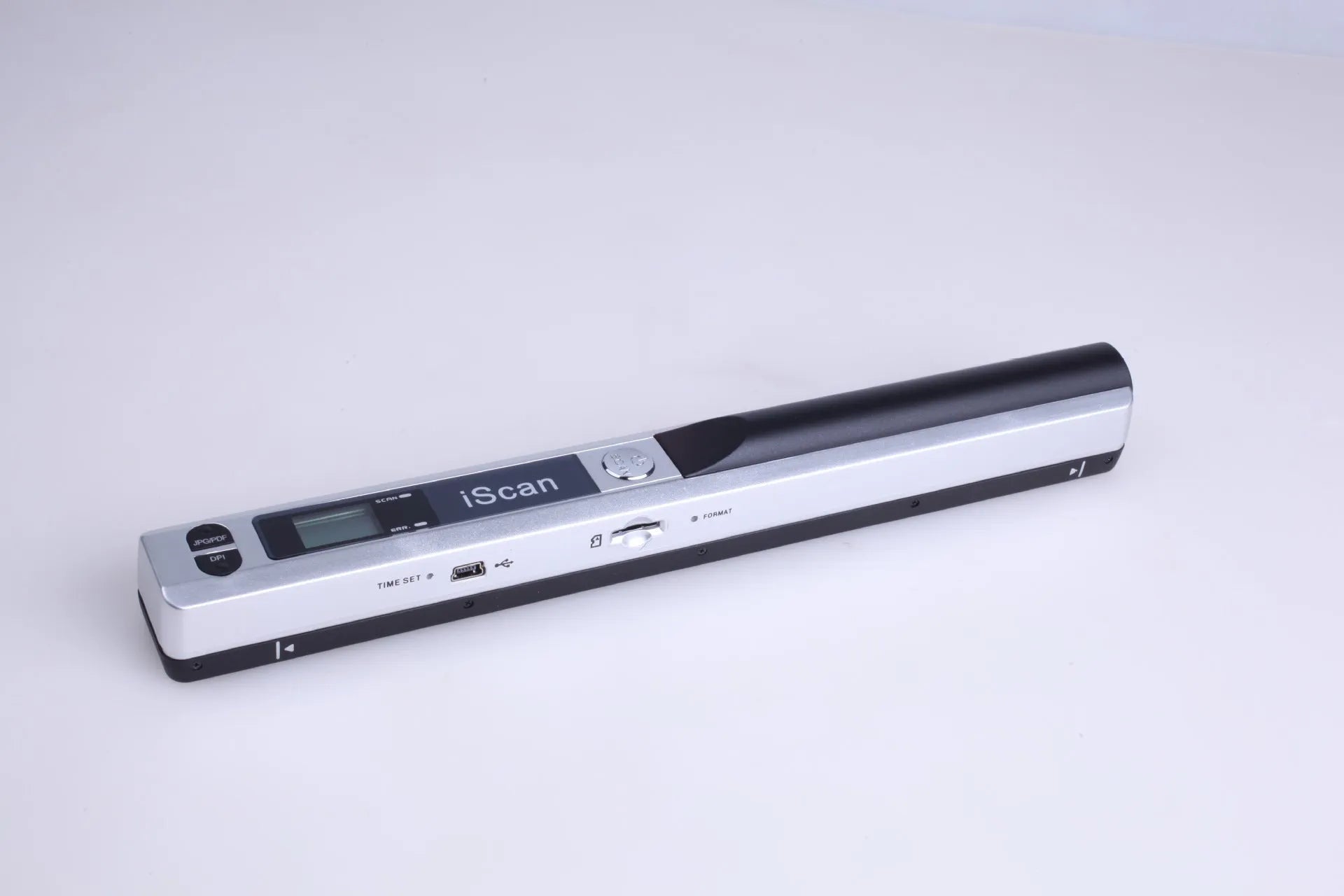 Handheld plastic scanner shown in available colours: black, blue, green, red, and silver.