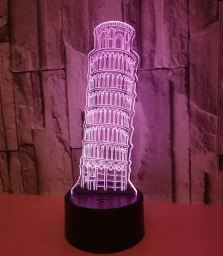 Leaning Tower of Pisa 3D acrylic LED nightlight on black base with multi-coloured illumination.