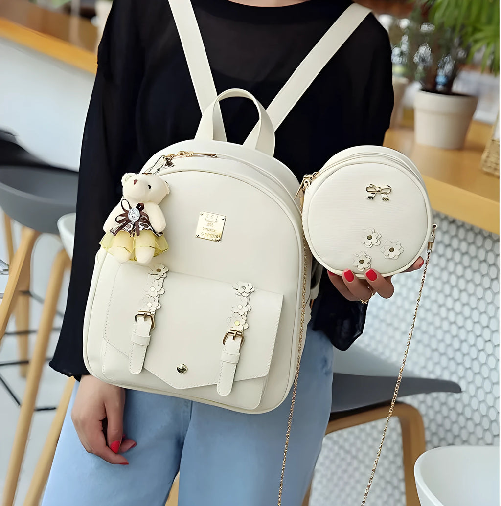 Floral pattern PU leather backpack, shoulder bag, and card holder set for women