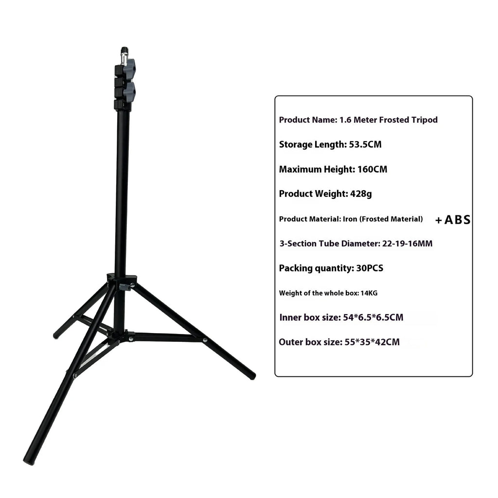 Frosted finish tripod light stand extended to full height with a mobile phone holder attached.