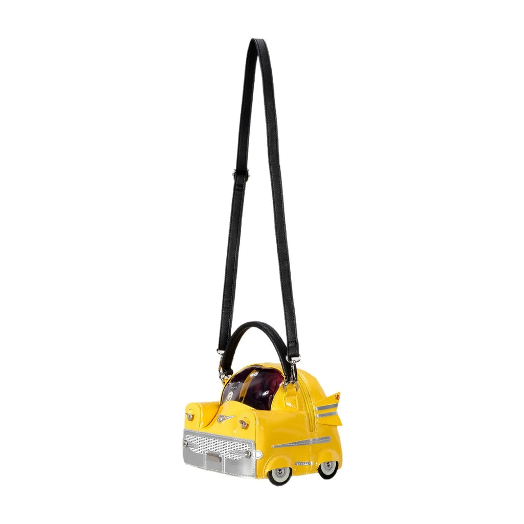 Creative cute car-shaped PU handbag in pink with contrast stitching and slit pocket