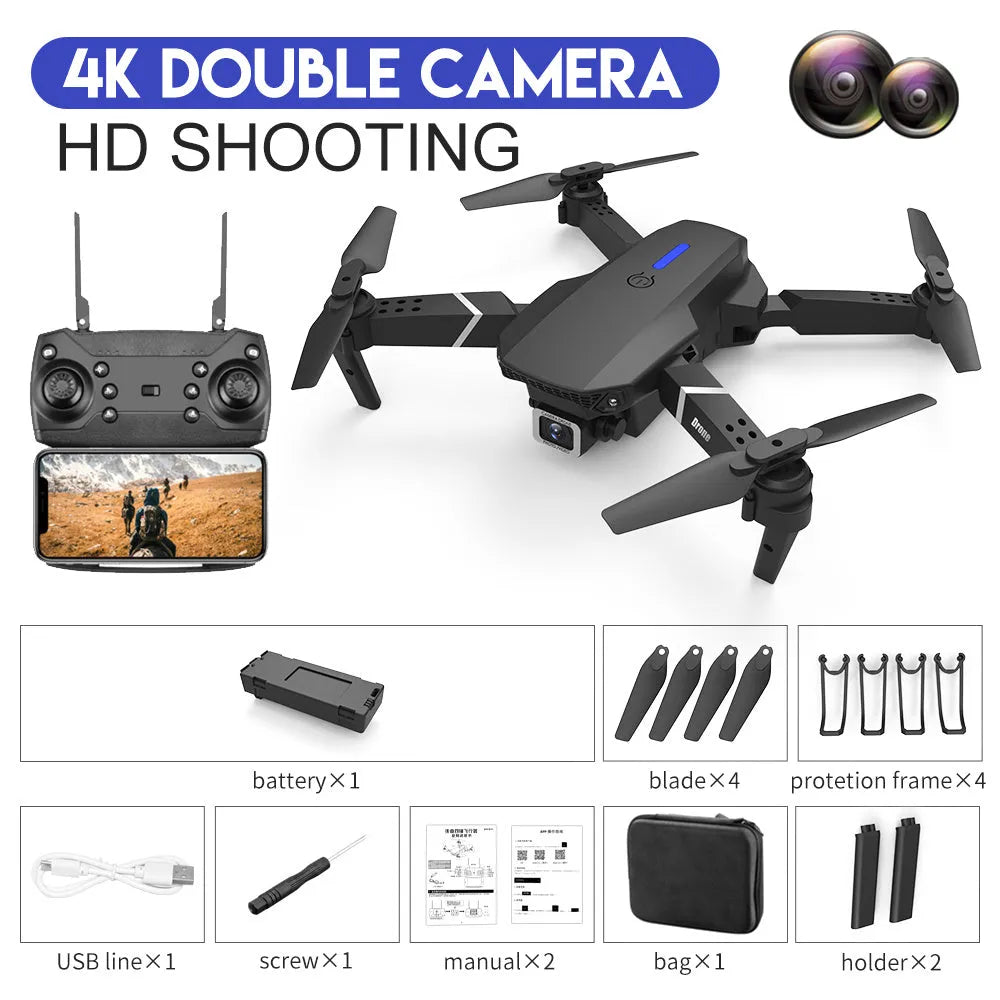 E88 drone with dual 4K camera, foldable arms, black and white colour, altitude hold, and LED lights