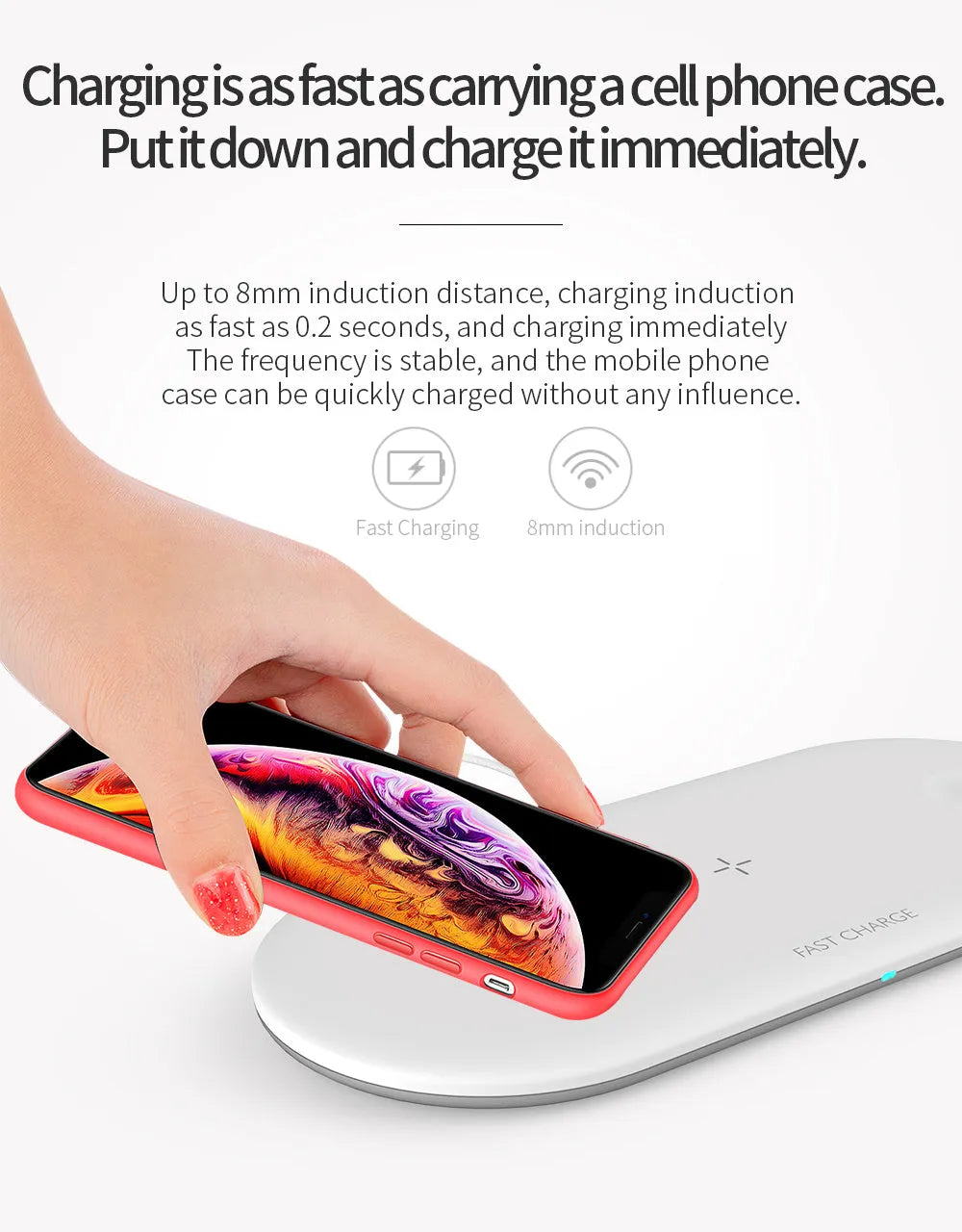 White three-in-one wireless charging stand holding an iPhone, Apple Watch, and AirPods on a wooden desk.