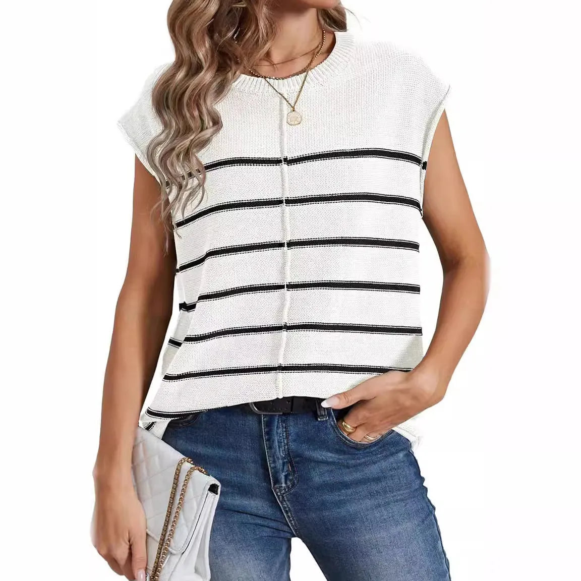 Women's striped sleeveless pullover top with bone stitching in apricot colour