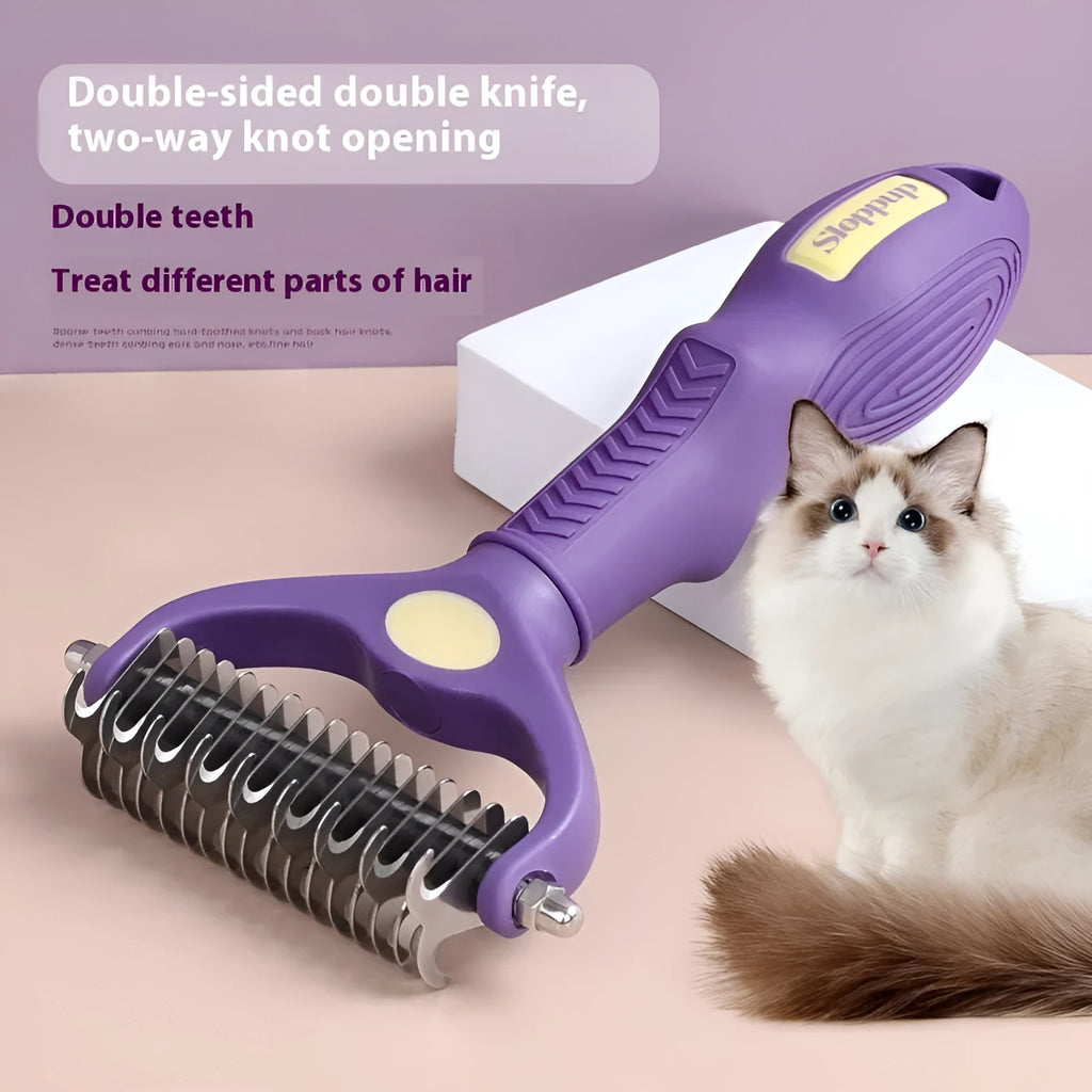 Purple double-sided plastic pet grooming comb for untying knots on cats and dogs