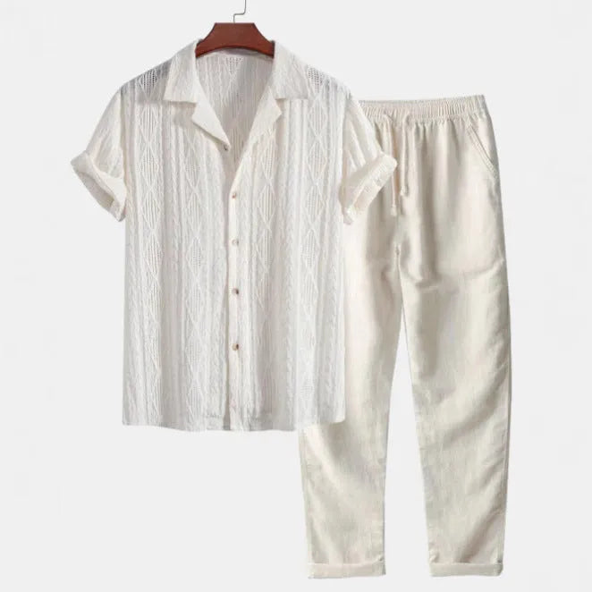 Linen polyester camouflage print shirt and trousers set in slim fit cardigan style