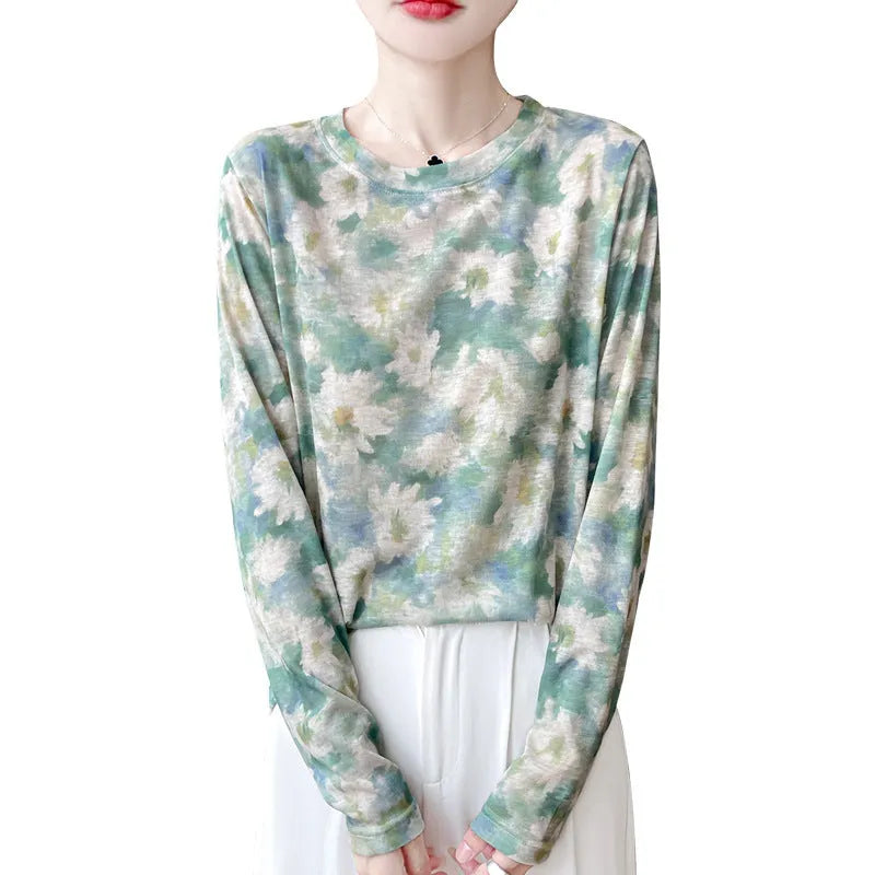 Floral print round neck pullover shirt in Tencel cotton fabric on hanger
