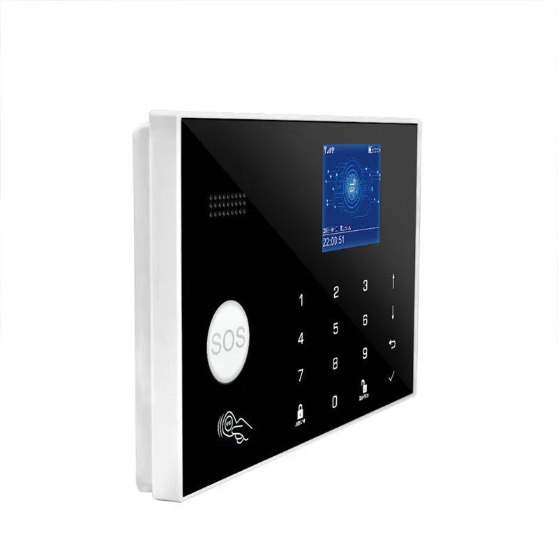 Intelligent WiFi GSM touch button burglar alarm host unit for home security system.